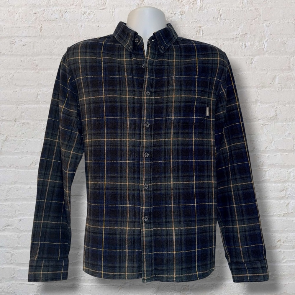 Eddie Bauer Flannel Shirt Men’s L Blue Navy Plaid Button Front 98% Cotton